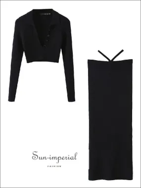 Women's Black Single Button Knitted Cropped Sweater And High Waist Midi Skirt Set With Back Slit Detail