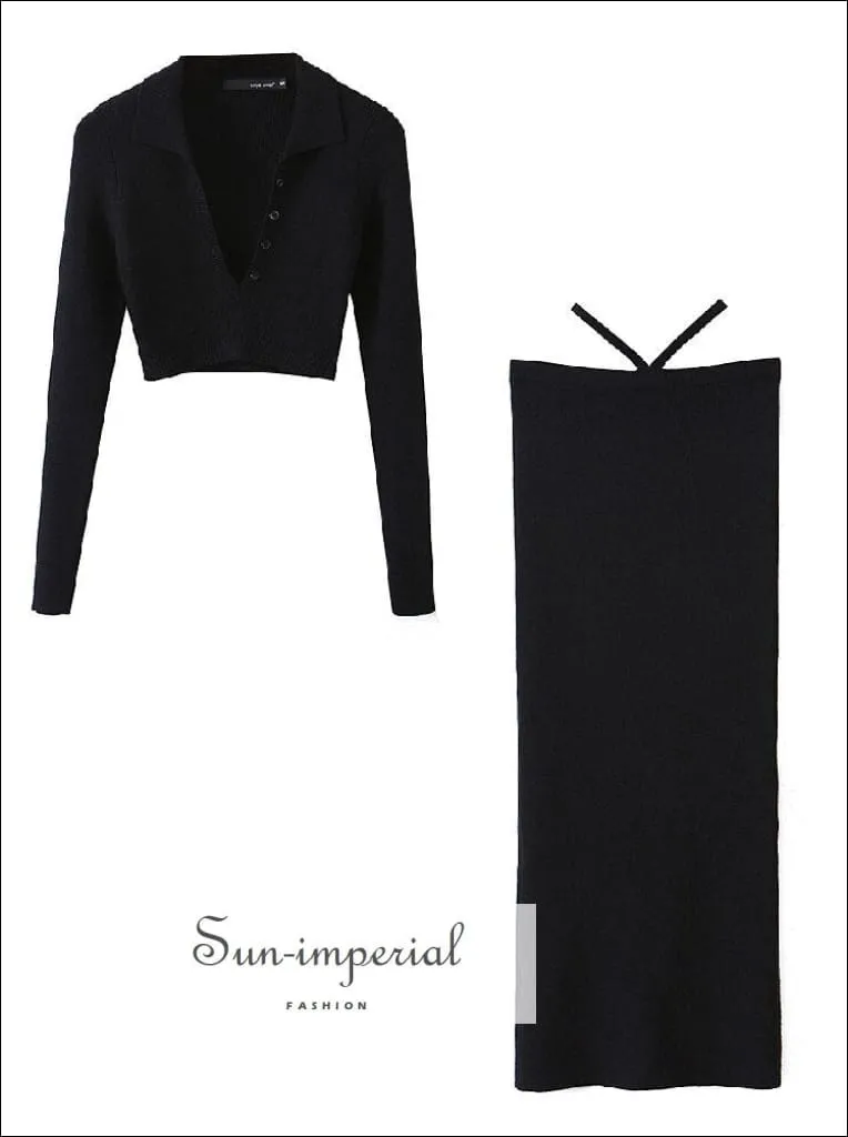 Women's Black Single Button Knitted Cropped Sweater And High Waist Midi Skirt Set With Back Slit Detail