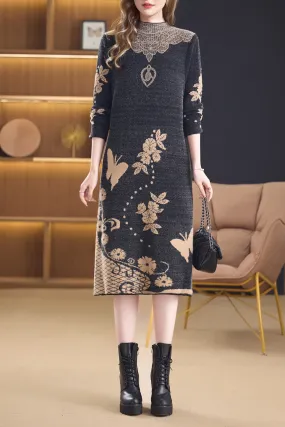 Women's Fall Knit Ribbed Sleeve Sweater Midi Dress