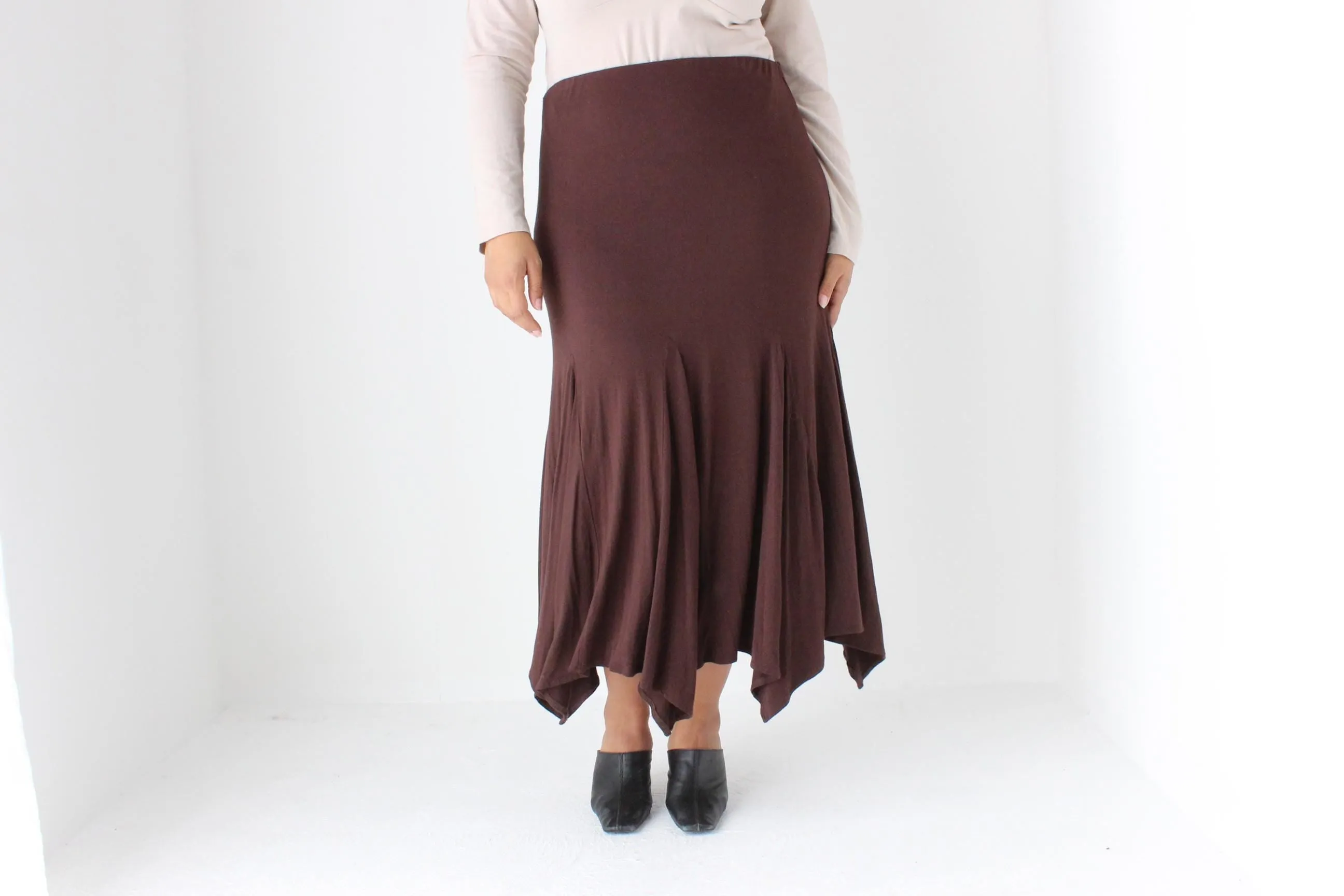 Y2K Slinky Chocolate Viscose Pointed Hem Midi Skirt