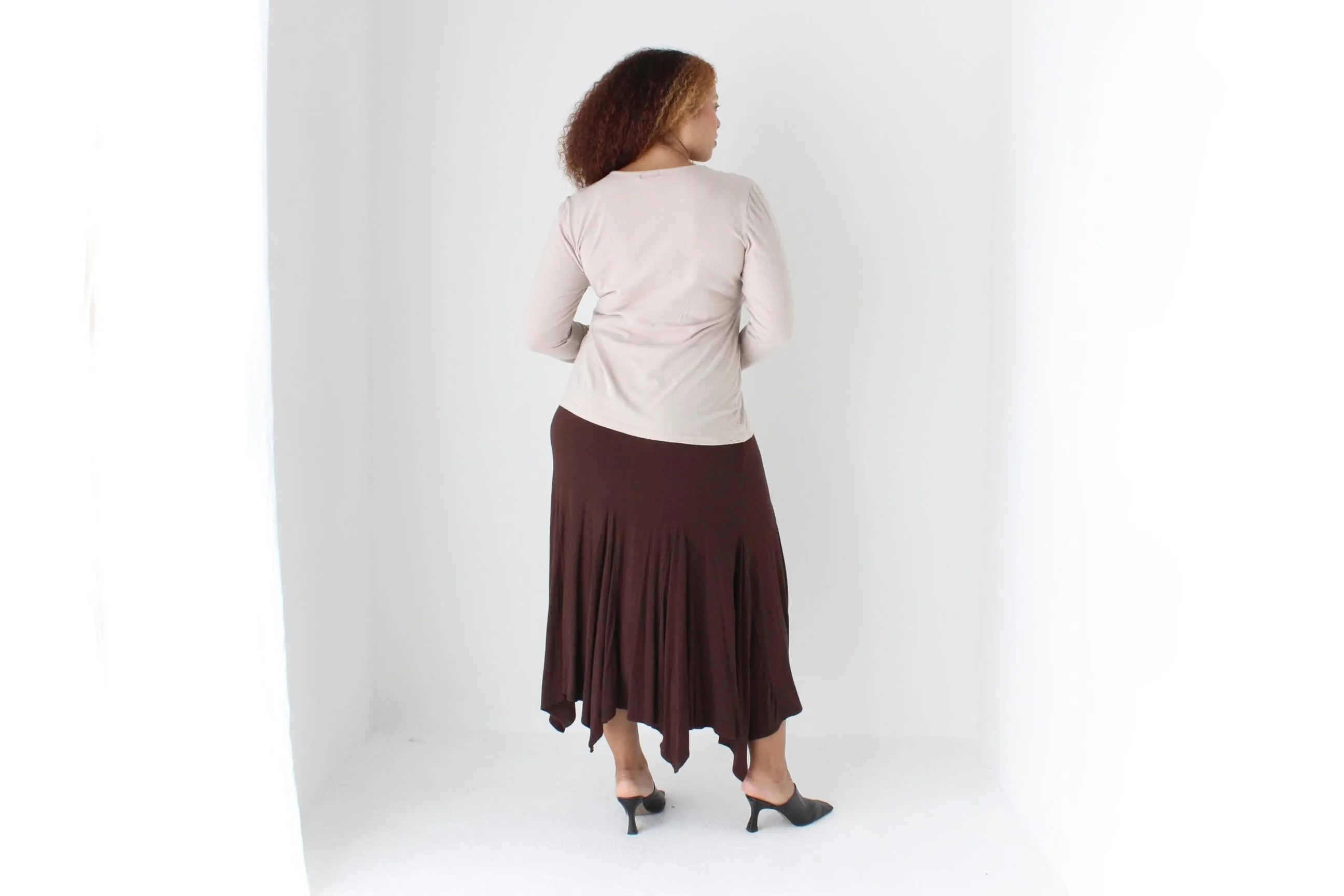 Y2K Slinky Chocolate Viscose Pointed Hem Midi Skirt