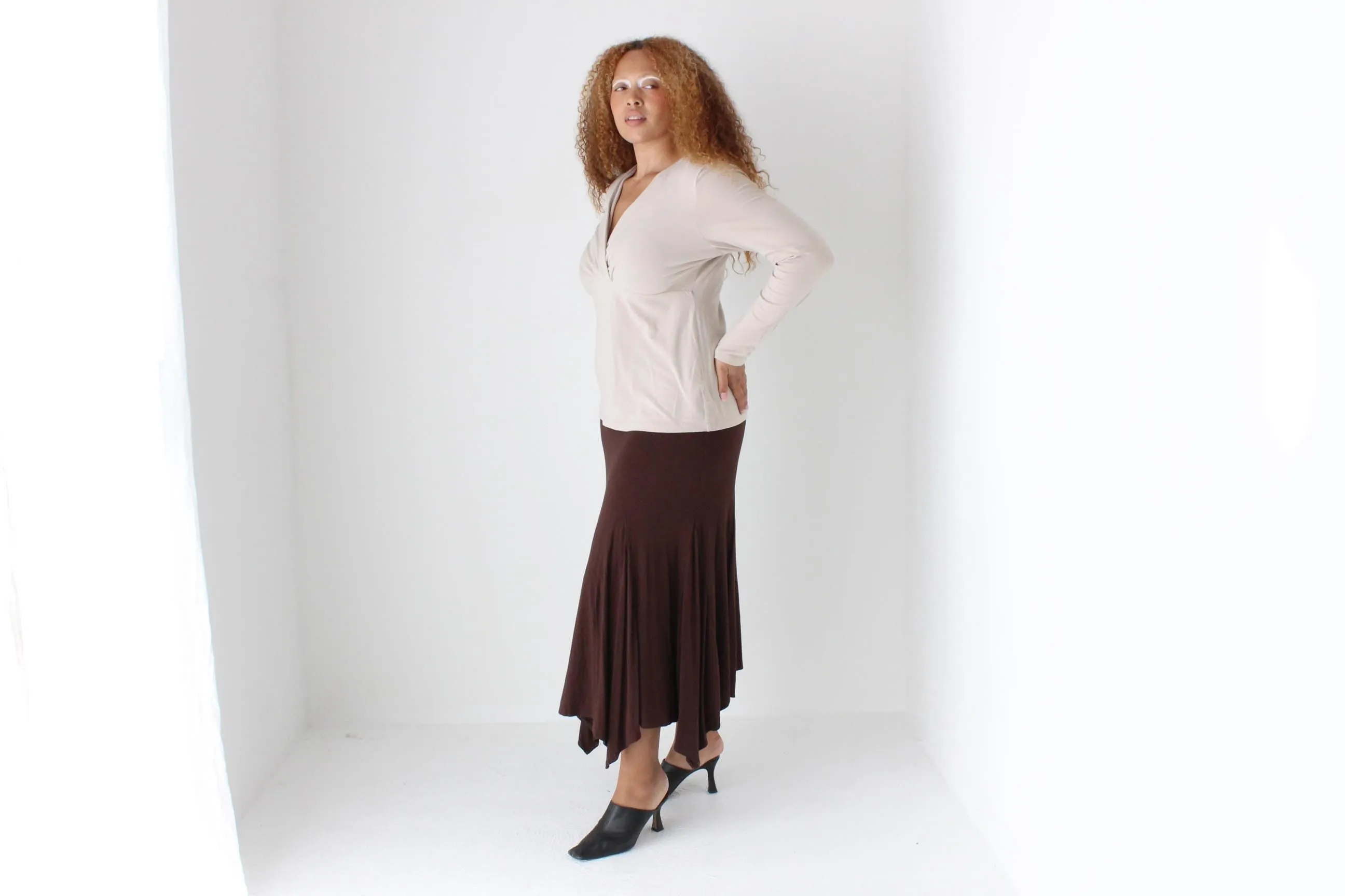 Y2K Slinky Chocolate Viscose Pointed Hem Midi Skirt