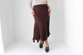 Y2K Slinky Chocolate Viscose Pointed Hem Midi Skirt