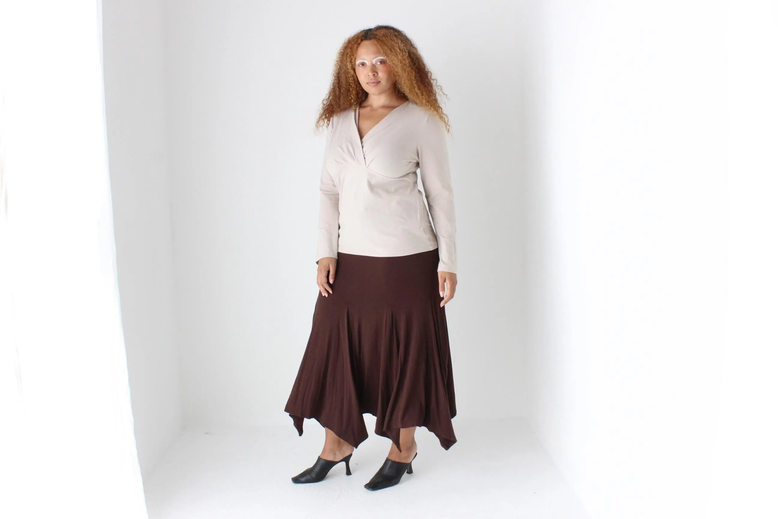 Y2K Slinky Chocolate Viscose Pointed Hem Midi Skirt