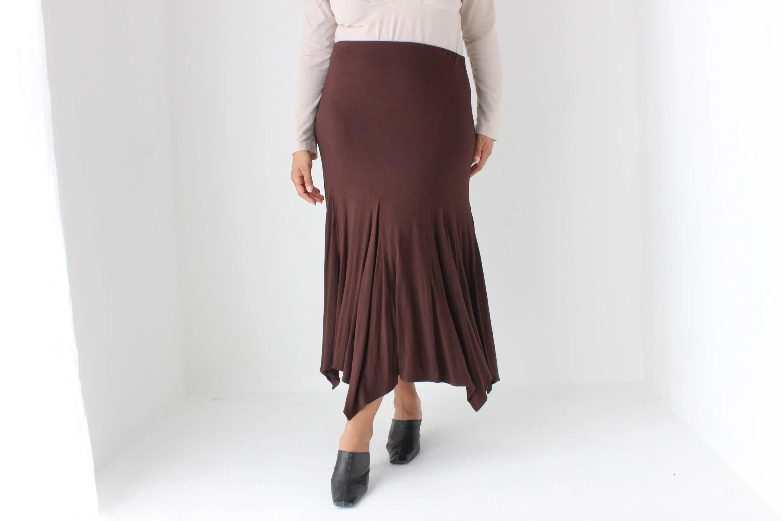 Y2K Slinky Chocolate Viscose Pointed Hem Midi Skirt